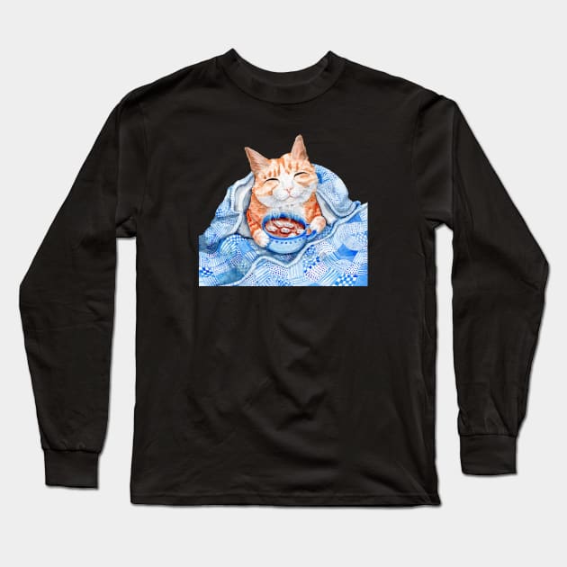 Cat with Hot Chocolate Long Sleeve T-Shirt by Goosi